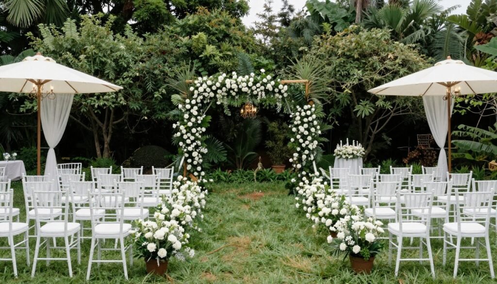 beautiful outdoor garden wedding ceremony setup