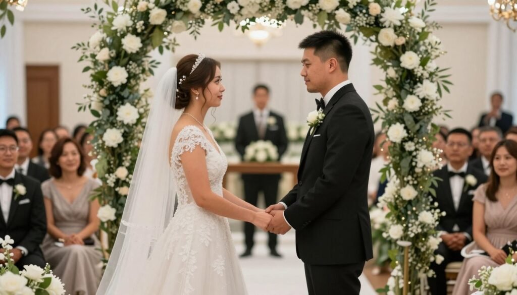 beautiful wedding ceremony in progress with couple at altar