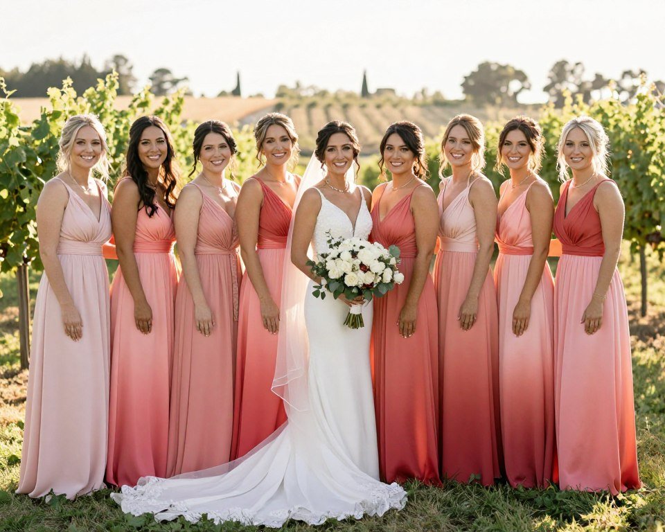 beautifully coordinated bridal party with bridesmaid dresses in complementary color scheme