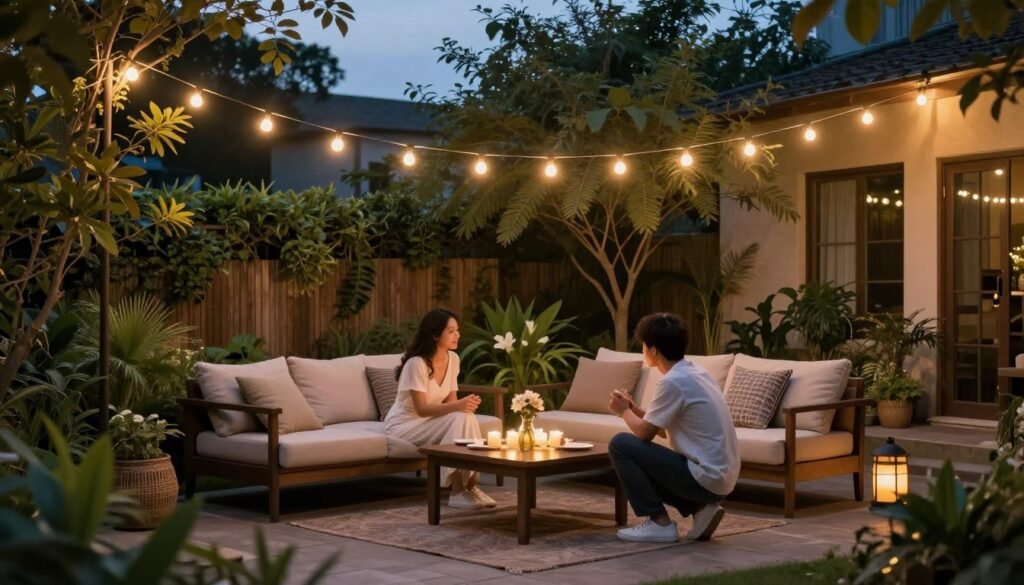 beautifully decorated backyard with string lights for private proposal