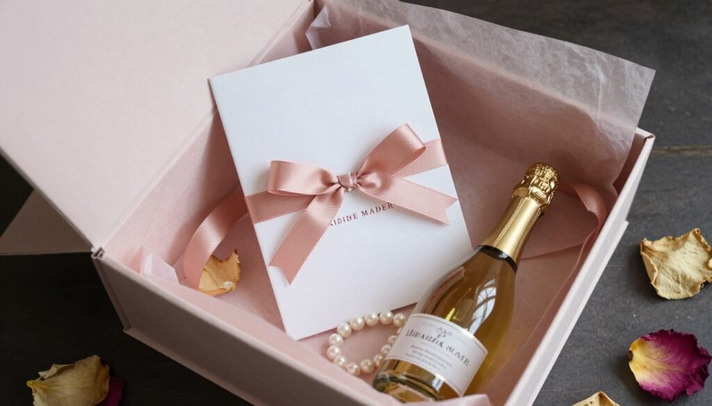 beautifully packaged bridesmaid proposal with card inside decorative gift box