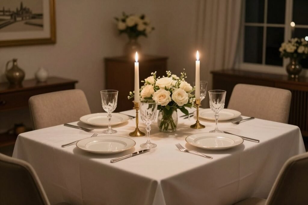 beautifully set romantic dinner table at home with candles and flowers