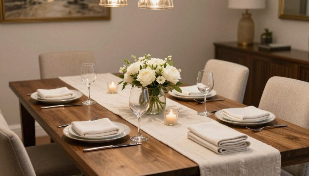 beautifully styled complete table setting with runner and place settings beautifully styled complete table setting with runner and place settings