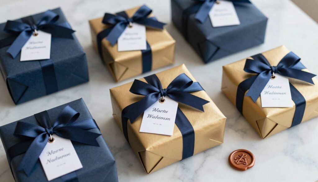 beautifully wrapped groomsmen proposal gifts with custom tags