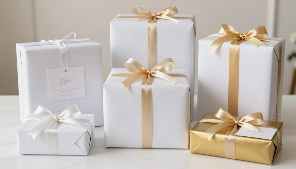 beautifully wrapped wedding gifts with elegant ribbons and cards
