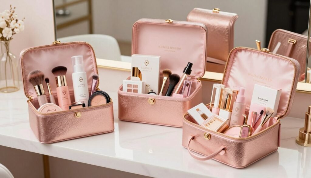 beauty themed bridesmaid boxes with makeup skincare and beauty tools