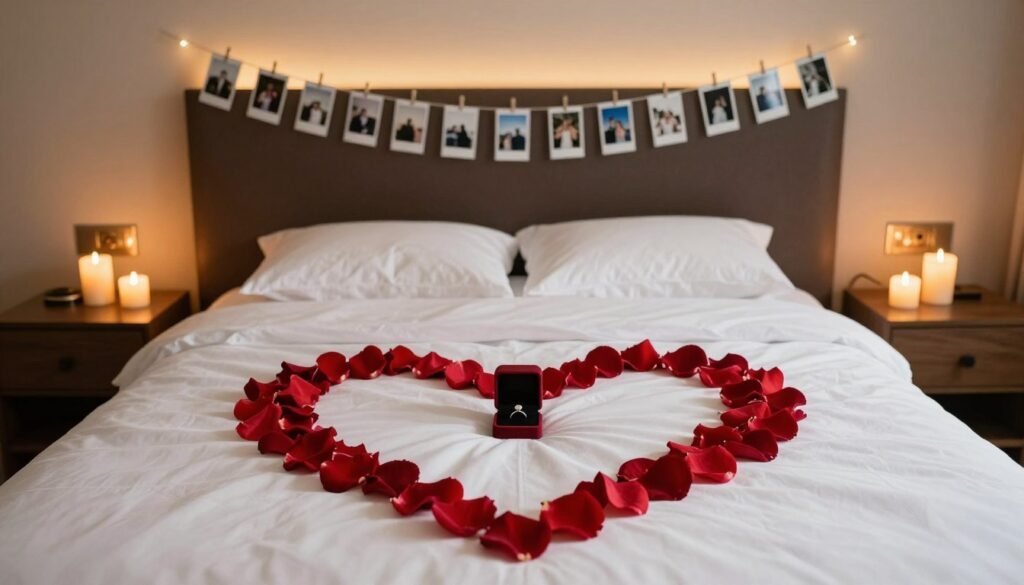 bedroom proposal setup with rose petals and photos bedroom proposal setup with rose petals and photos