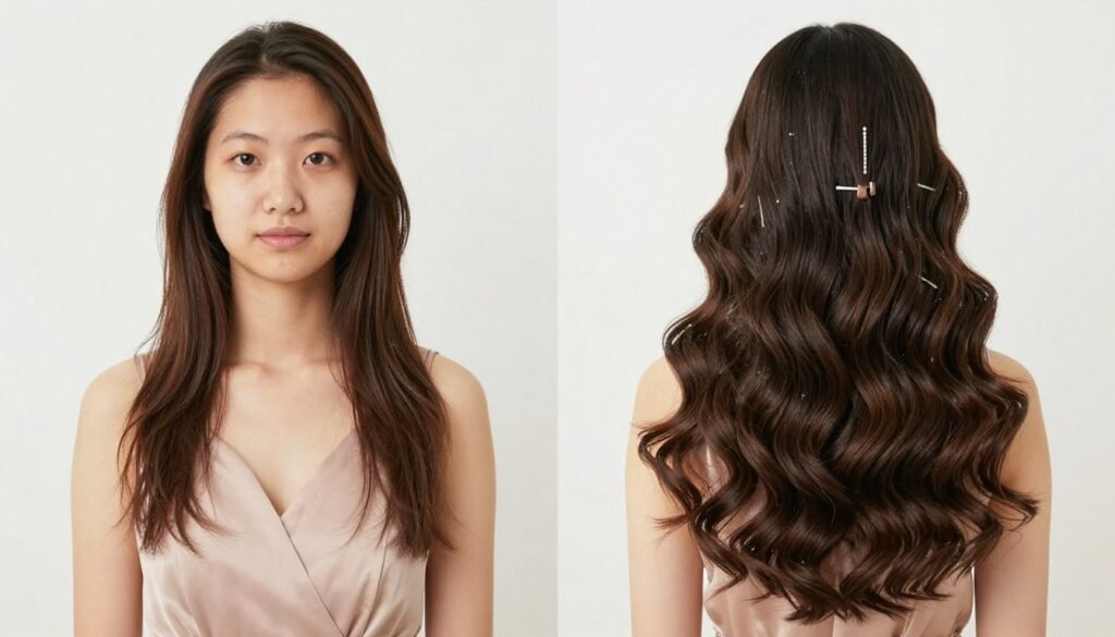 before and after comparison showing hair extensions transformation