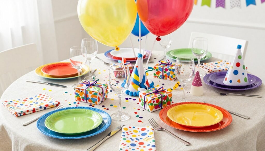 birthday party table setting with colorful decorations