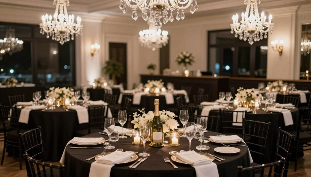 black and champagne wedding reception with elegant decor