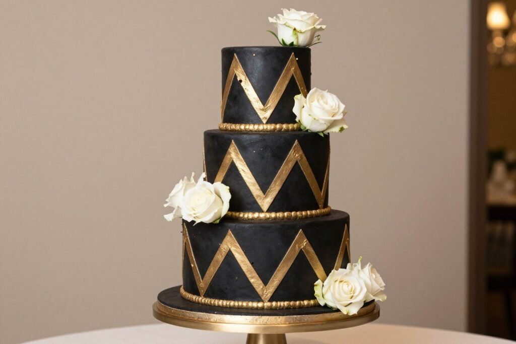 black and gold wedding cake with metallic gold details