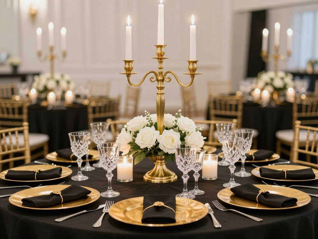 black and gold wedding table setting with golden centerpiece