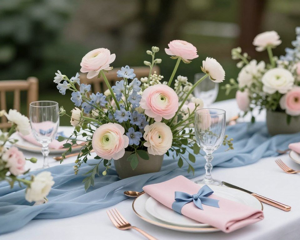 blush pink and dusty blue wedding decor with floral centerpieces