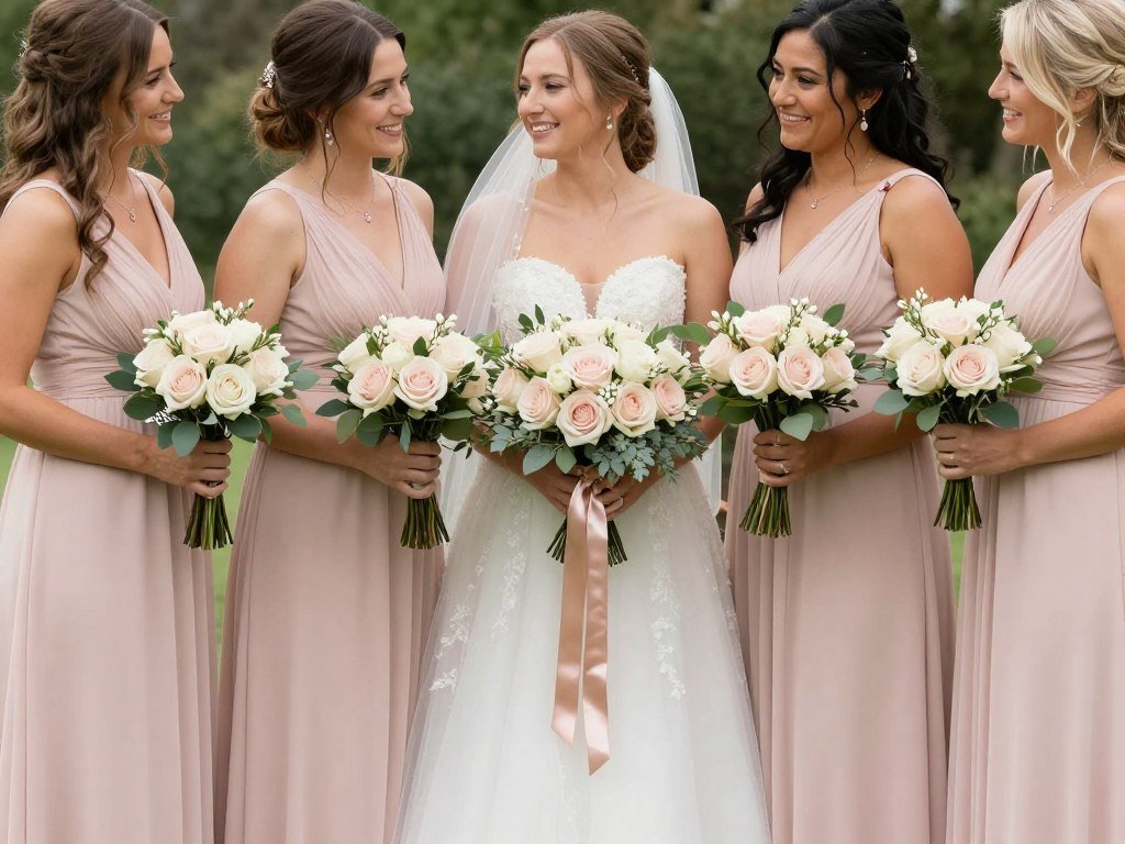 blush pink bridesmaid dresses with rose gold bouquets
