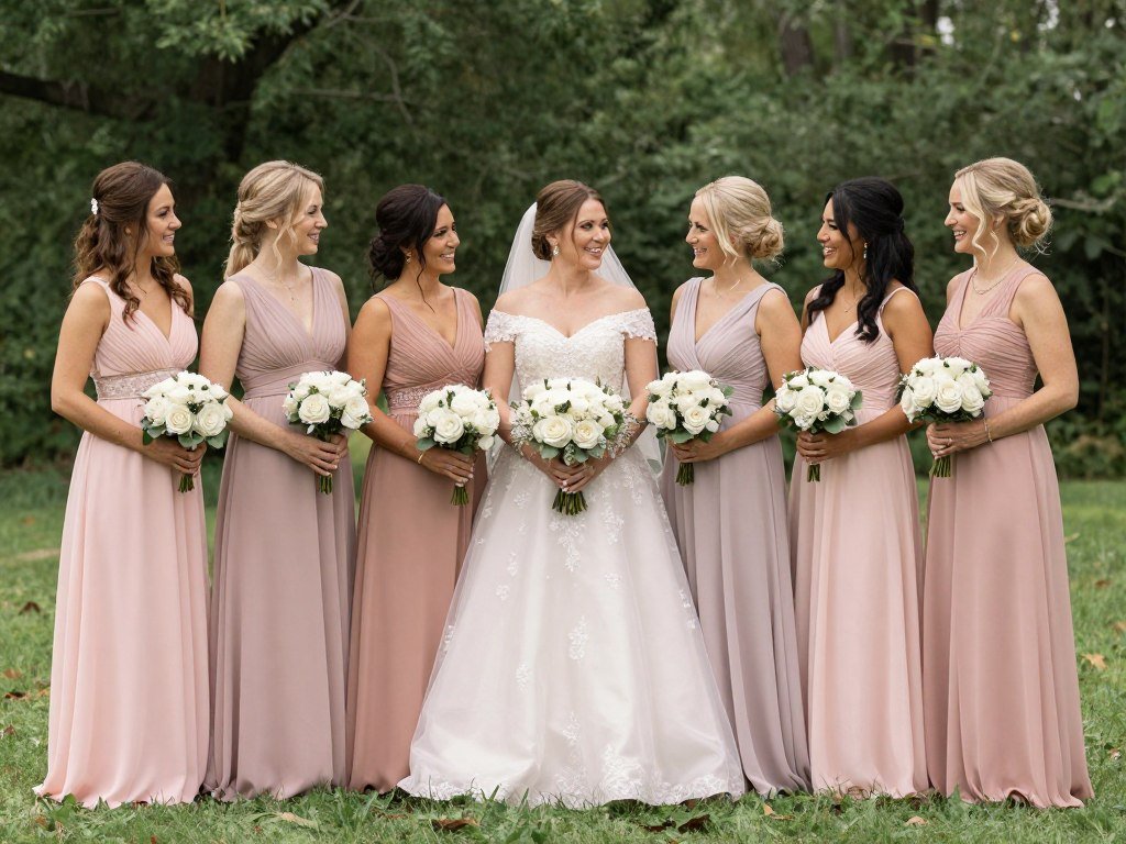 blush wedding gown with coordinated pastel bridesmaids blush wedding gown with coordinated pastel bridesmaids