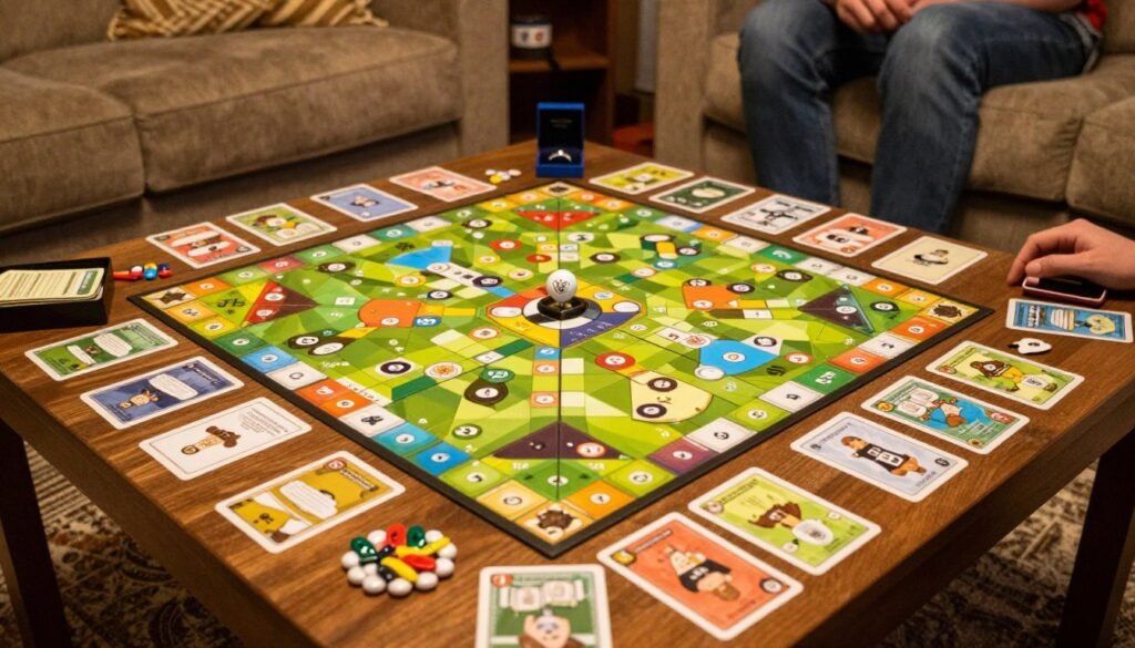 board game setup with engagement ring box