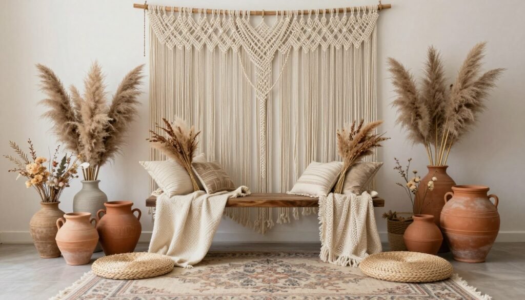 bohemian bachelorette party decorations with macrame and pampas grass