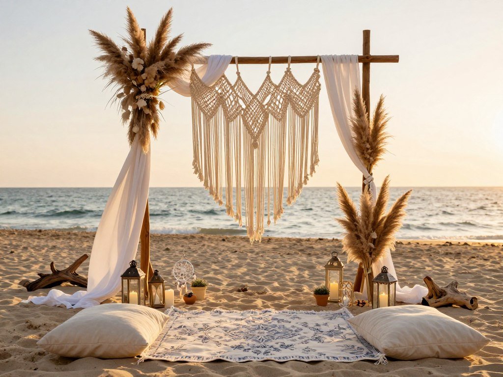 bohemian beach proposal setup with macrame and pampas grass