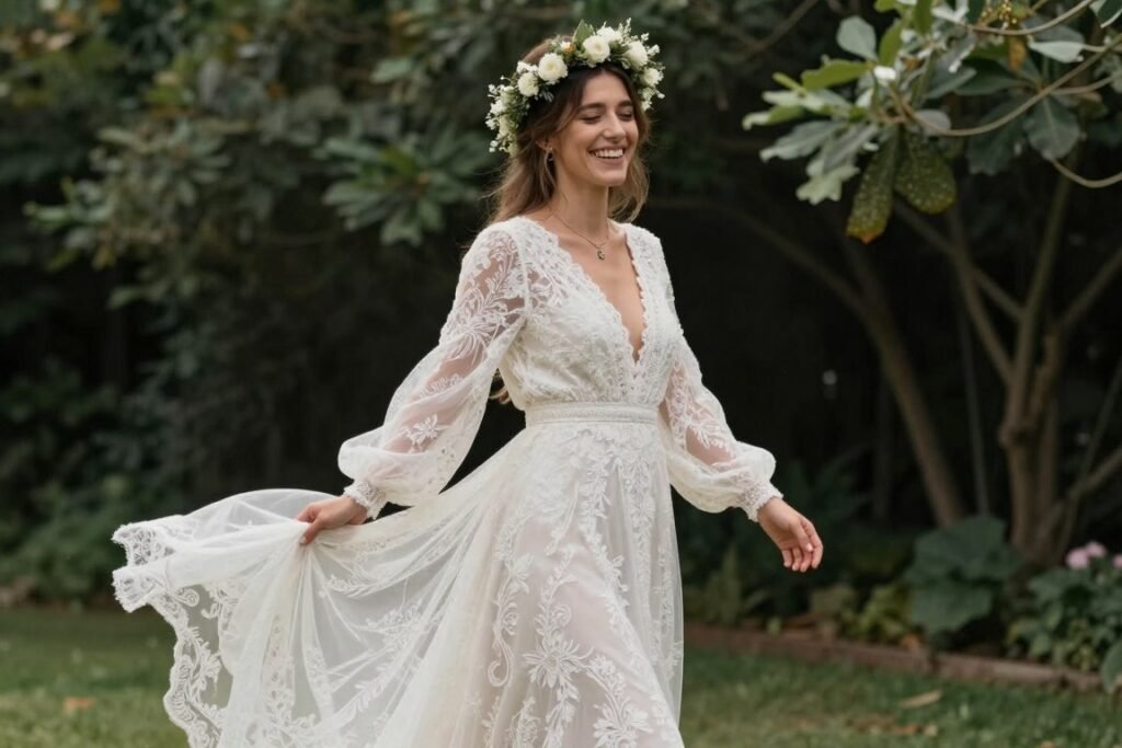 bohemian bride in outdoor garden wedding setting