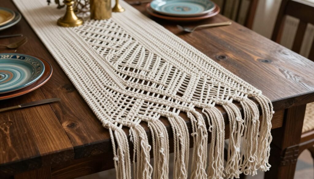 bohemian macrame table runner with fringe and textured weaving pattern bohemian macrame table runner with fringe and textured weaving pattern