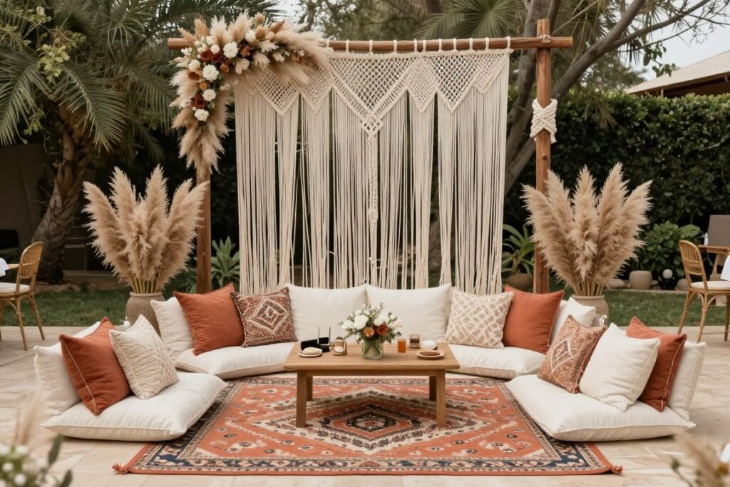 bohemian micro wedding decor with pampas grass and macrame details