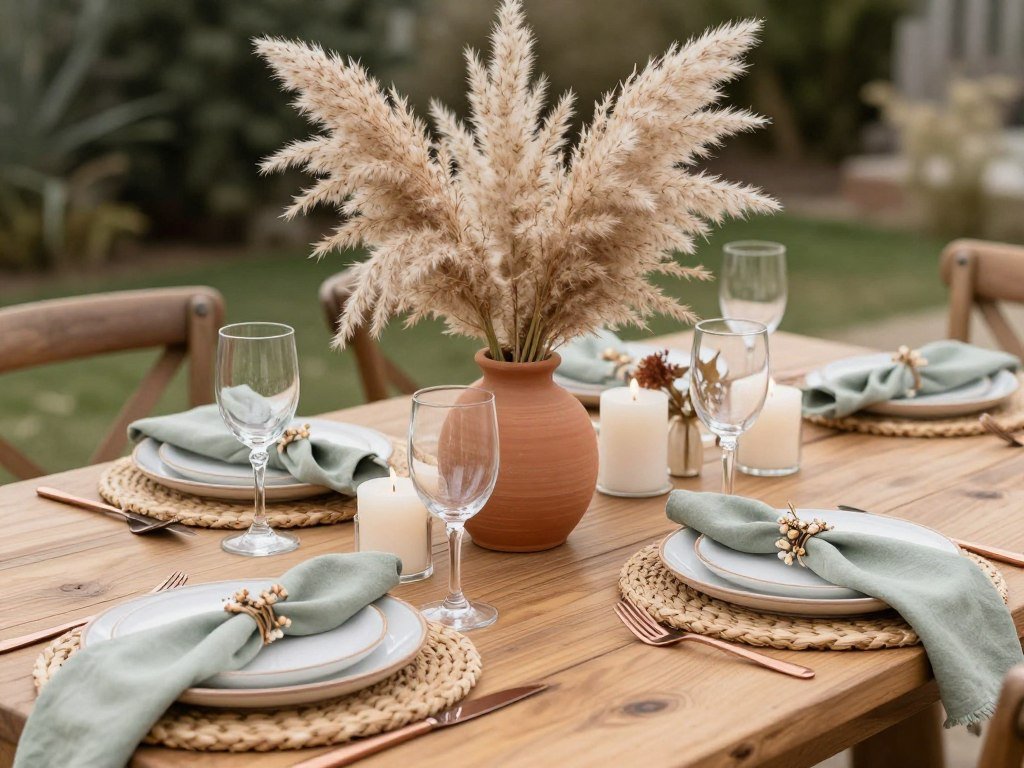 bohemian table setting with pampas grass centerpiece