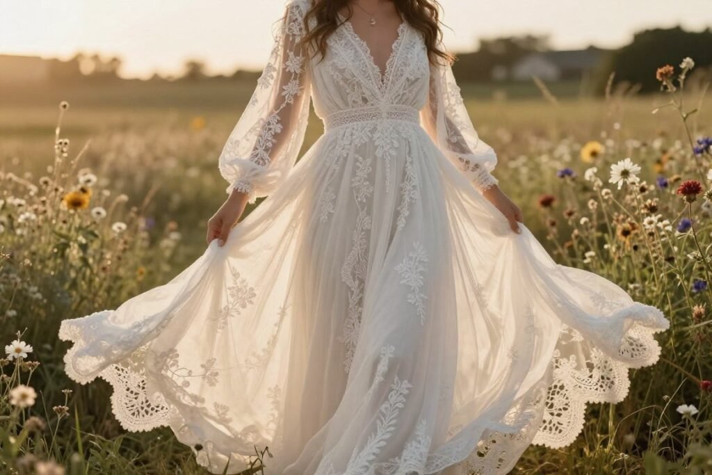 bohemian wedding dress with lace details for outdoor ceremony
