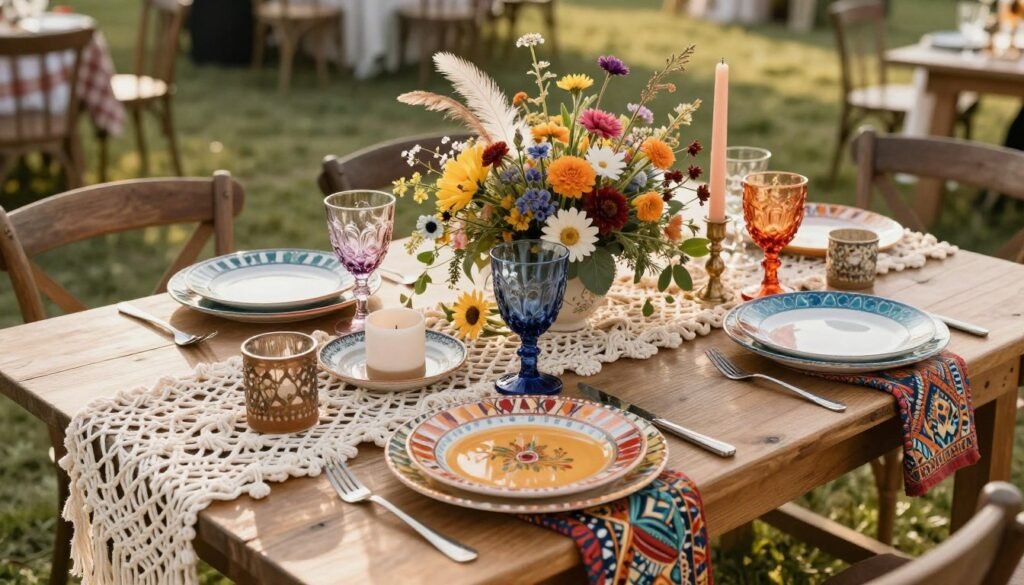 bohemian wedding table ideas with colorful eclectic decorations