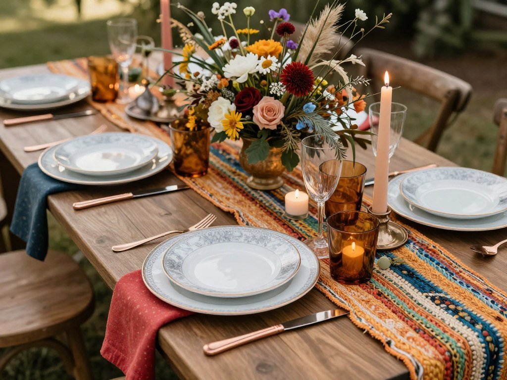 bohemian wedding tablescape with colorful textiles and eclectic details