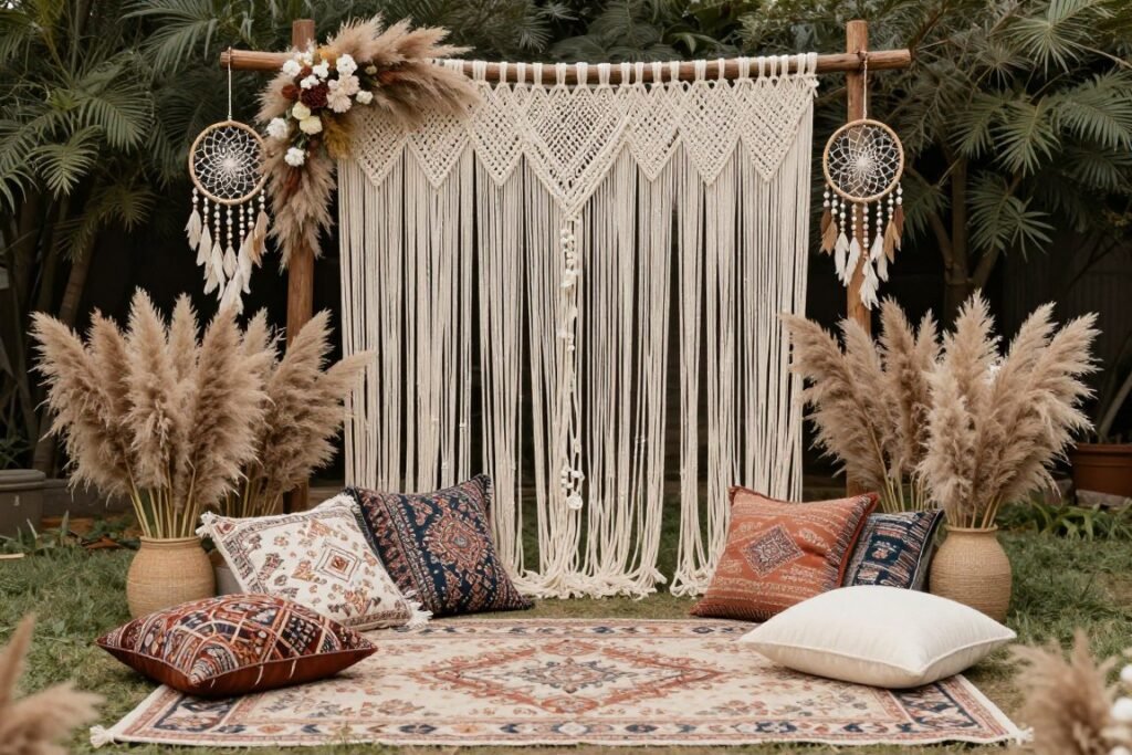 bohemian wedding theme with macrame and pampas grass