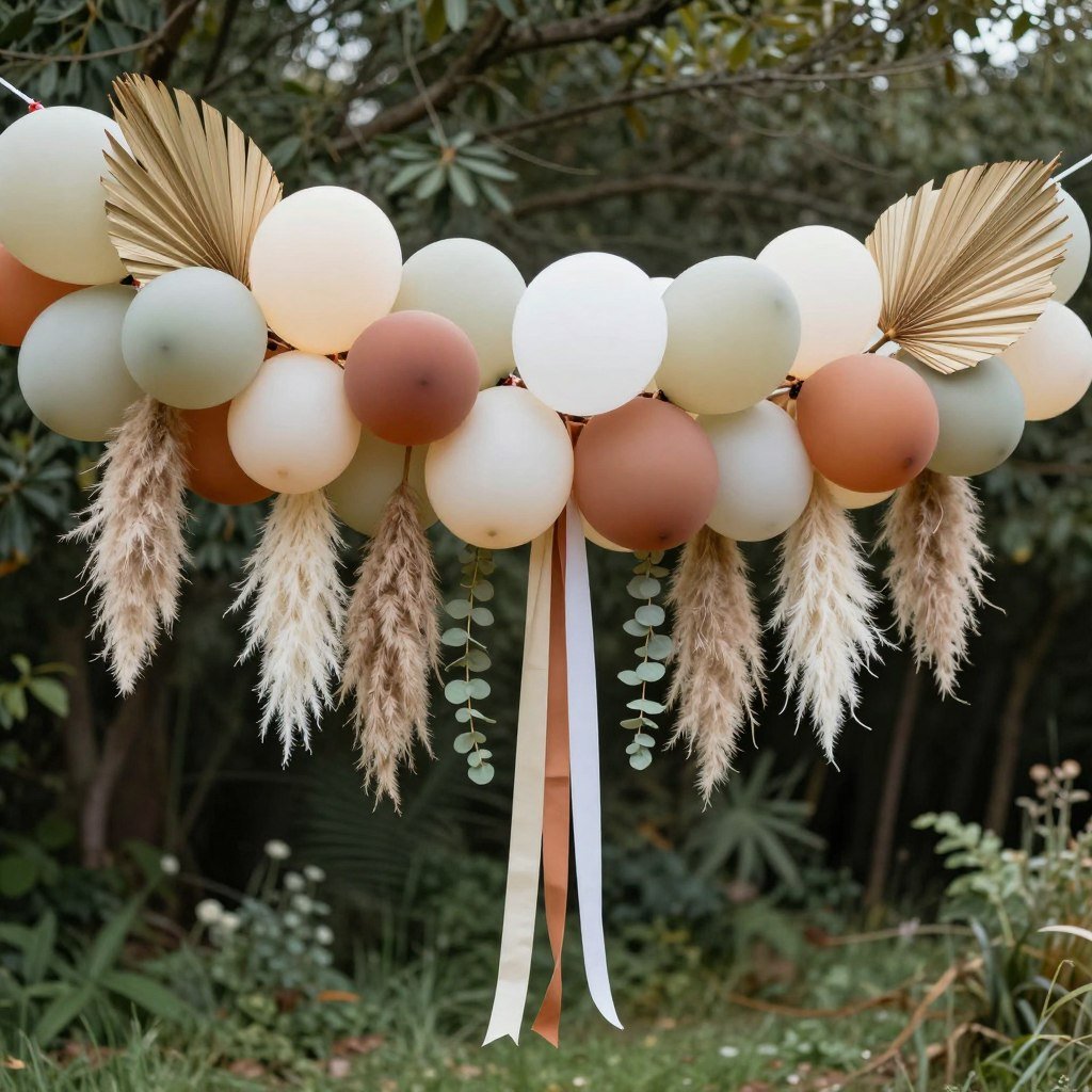 boho balloon installation with pampas grass and dried florals