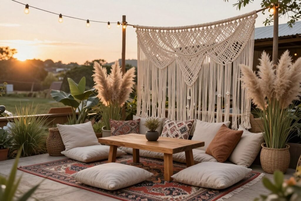 boho outdoor lounge area with floor cushions and fairy lights