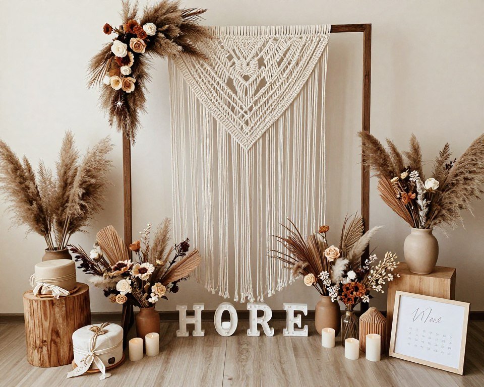 boho themed bridesmaid proposal with macrame and dried flowers