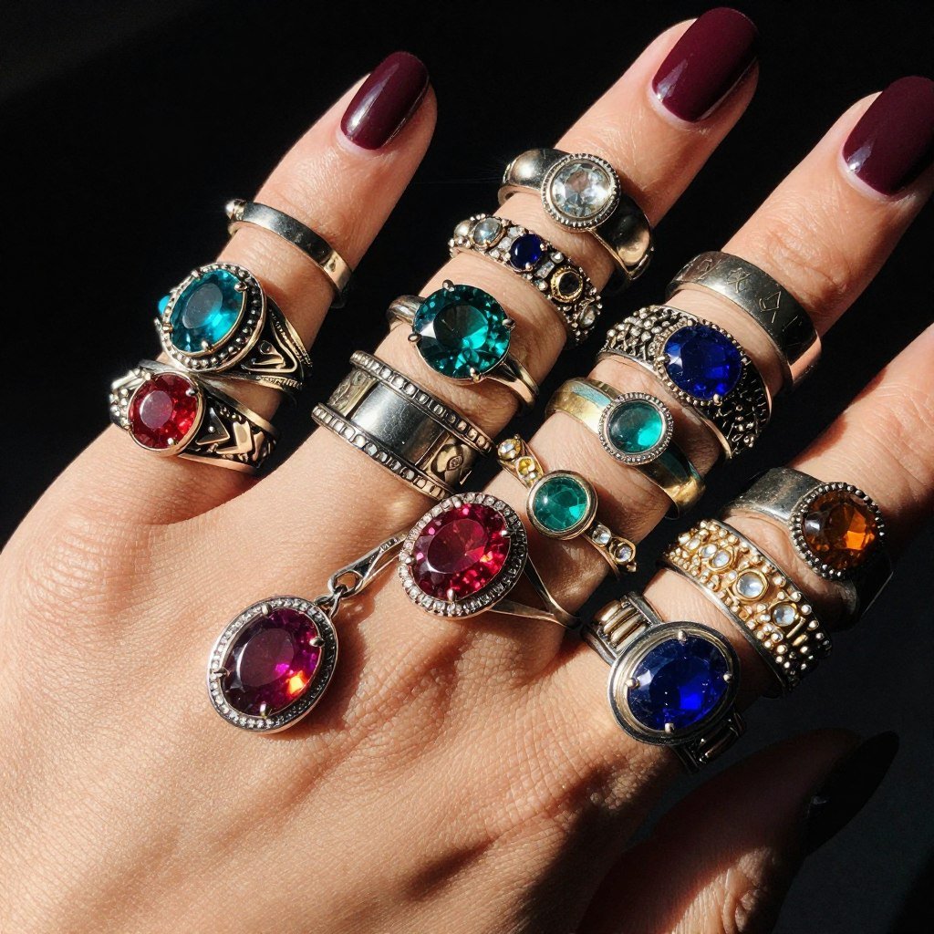 bold maximalist ring stack with many rings and colors