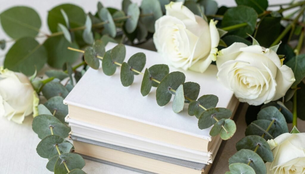 book centerpiece ideas featuring eucalyptus greenery and white flowers book centerpiece ideas featuring eucalyptus greenery and white flowers