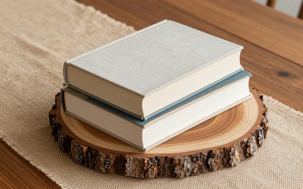 book centerpiece on wood slice base with table runner book centerpiece on wood slice base with table runner
