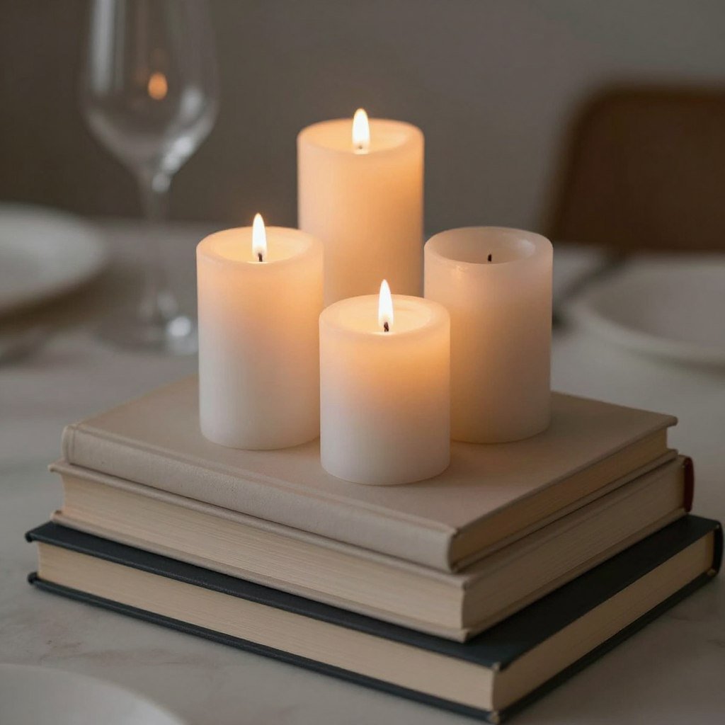 book centerpiece with pillar candles and soft candlelight glow book centerpiece with pillar candles and soft candlelight glow