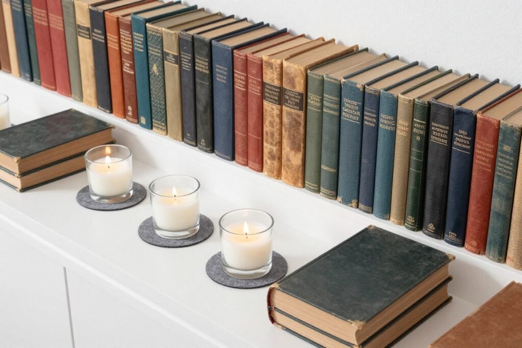 book centerpiece with protective coasters and careful arrangement book centerpiece with protective coasters and careful arrangement