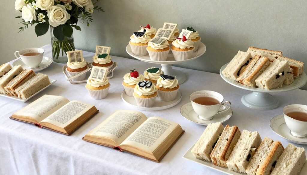 book themed bridal shower food display with literary desserts book themed bridal shower food display with literary desserts