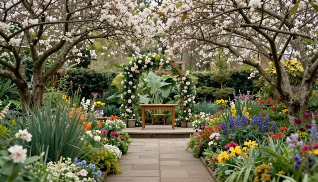 botanical garden wedding ceremony with flowering trees and stone pathway botanical garden wedding ceremony with flowering trees and stone pathway