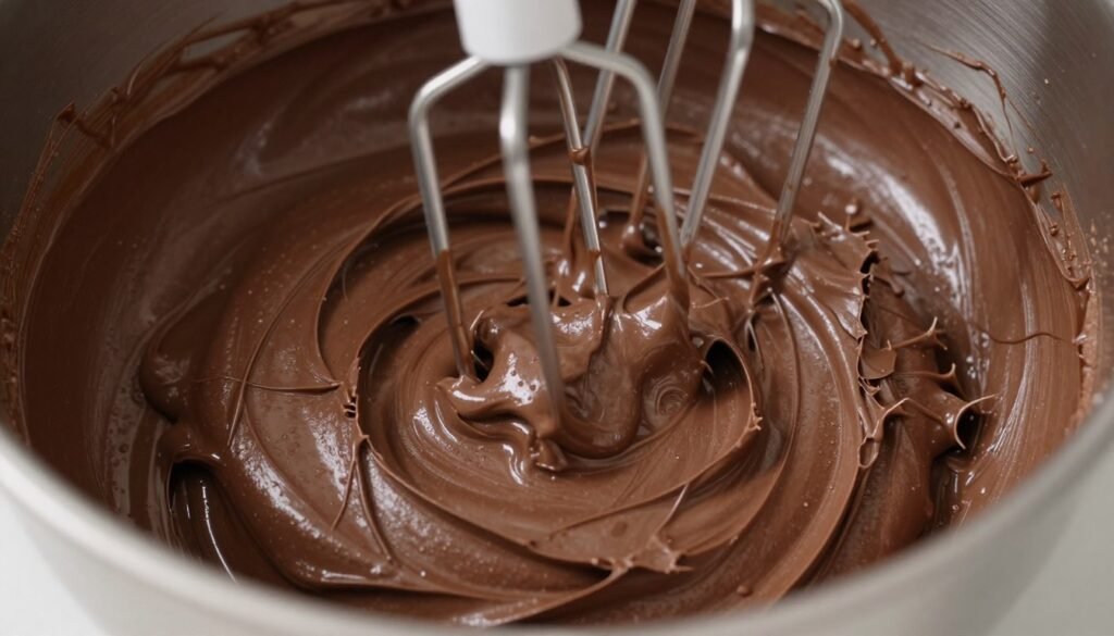 bowl of chocolate buttercream frosting being whipped