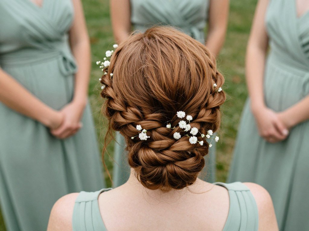 braided crown updo on bridesmaid with flowers