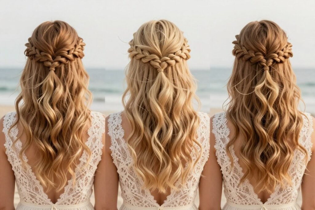 braided half-up bridesmaid hairstyle with beach waves