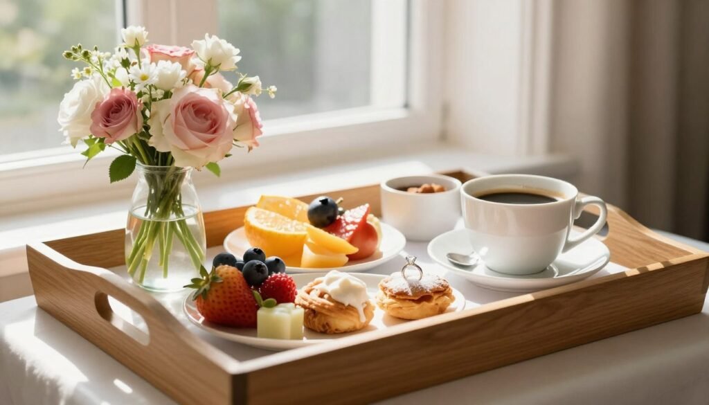 breakfast in bed proposal setup with flowers