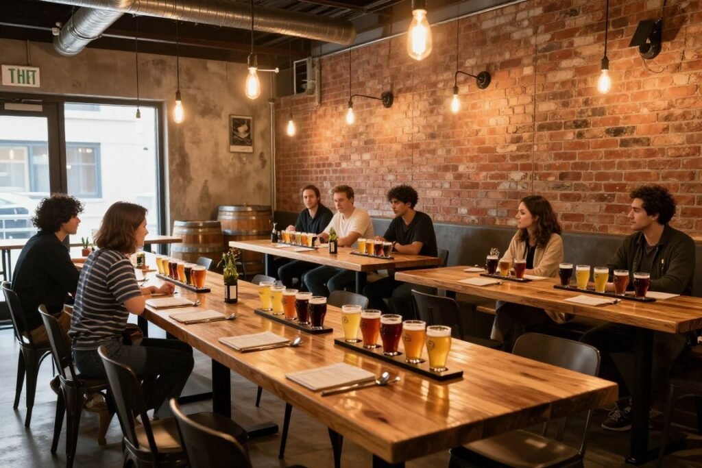 brewery rehearsal dinner with long tables and craft beer brewery rehearsal dinner with long tables and craft beer