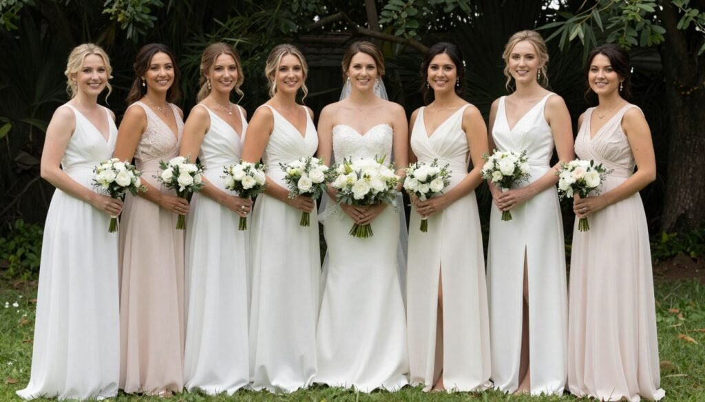 bridal party in mixed white dress styles