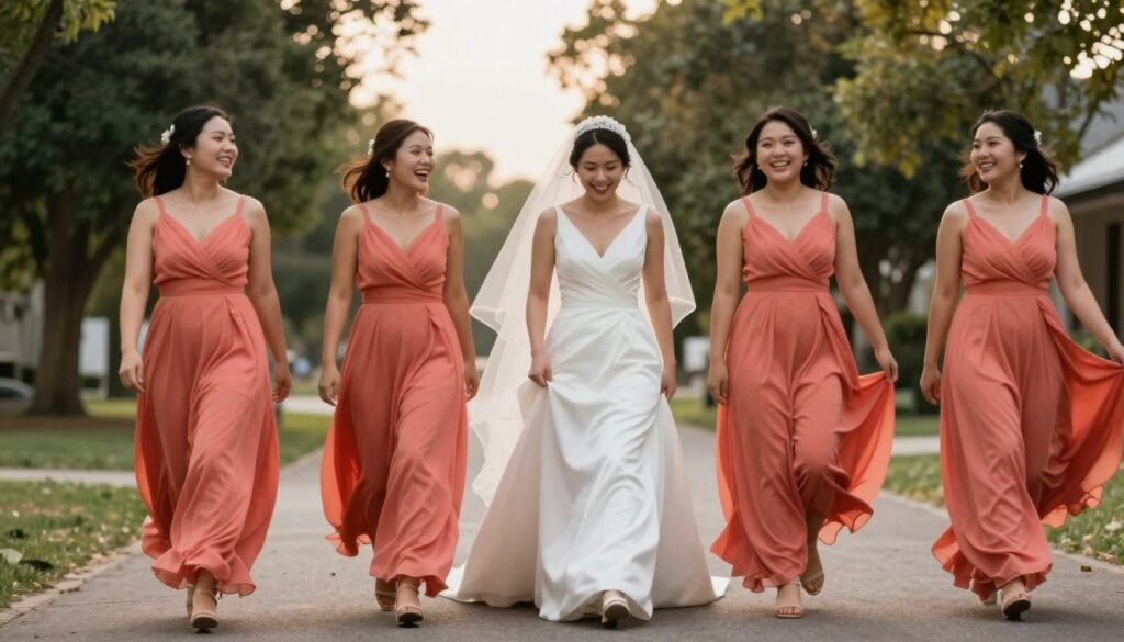 bridal party in motion walking together
