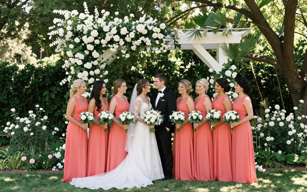 bridal party photos in outdoor garden with flower archway and natural greenery bridal party photos in outdoor garden with flower archway and natural greenery