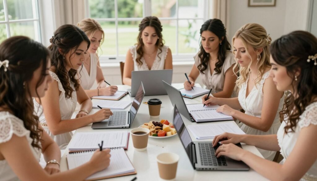bridal party planning meeting after proposals