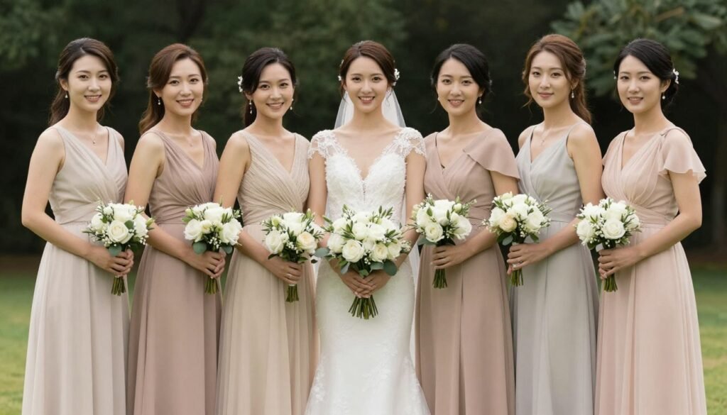 bridal party wearing coordinated but different neutral bridesmaid dress styles